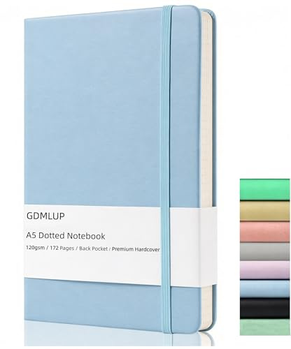 Journal – A5 Prickad Anteckningsbok med 120gsm tjockt Papper, 172 Sidor, Bakficka, Elastiskt Band, 2 Markeringsband, Premium Inbunden Prickad Journal, Blå
