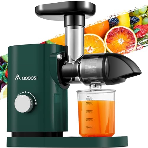 Aobosi Licuadora prensado en frio, Extractor de zumos y frutas con motor silencioso, vaso para zumo y cepillo de limpieza, sin BPA (150 vatios/verde)