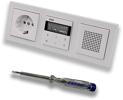 Gira Unterputz IP Internetradio 232003 + Bluetooth KomplettSet + Lautsprecher + Steckdose - E2 reinweiß glänzend im 3fach Rahmen Gira 021329 inkl. EBROM Phasenprüfer zur Montage der Geräte