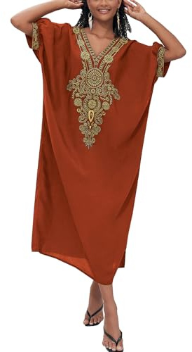 L-Peach Femmes Robe longue caftan brodée pour la plage - Vêtement de détente à domicile - Robes amples pour se couvrir, Marron A2, Taille unique