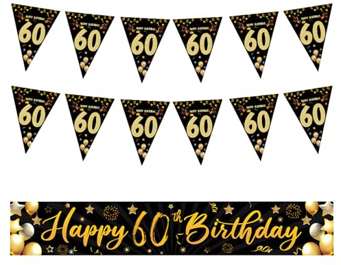 PIMXL 2 Pcs 60. Geburtstag Deko, 60. Geburtstagsfeier Dekorationen Banner, 60er Geburtstag Schwarz Gold Wimpel Banner, 60 Geburtstag Deko Wimpel für Frauen und Mann, Wimpelkette Deko 60 Geburtstag