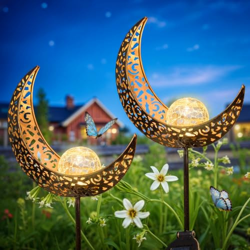 2Pack Moon Garden Gifts Solar Lights Outdoor Stakes Waterproof, Gifts for Mom, Crackle Glass Backyard Decor Balcony Lawn Ornaments, for Women Men Grandma (Bronze)