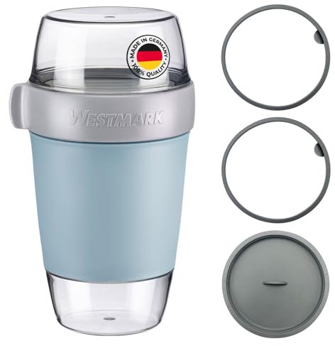 Westmark Lunchpot-Set groß – 3 auslaufsichere Fächer: 350 ml, 600 ml, 200 ml, inkl. 2 Dichtungsringen + 1 Ersatz-Deckel – Blau/Grau/Klar, 528722EB