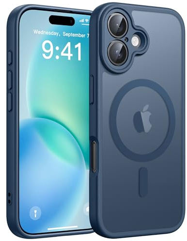 FNTCASE for iPhone 16 Phone Case: Magnetic Translucent Matte Shockproof Slim Cell Phone Cover - Military Grade Drop Proof Hard Back Anti-Fingerprint Protective Case - Blue