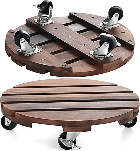 2er-Pack Pflanzencaddy aus Holz mit feststellbaren Rädern, runder 12-Zoll-Pflanzenroller, robuster rollender Pflanzenständer, Blumentopfständer aus Holz für drinnen/draußen, Pflanzenrolltablett