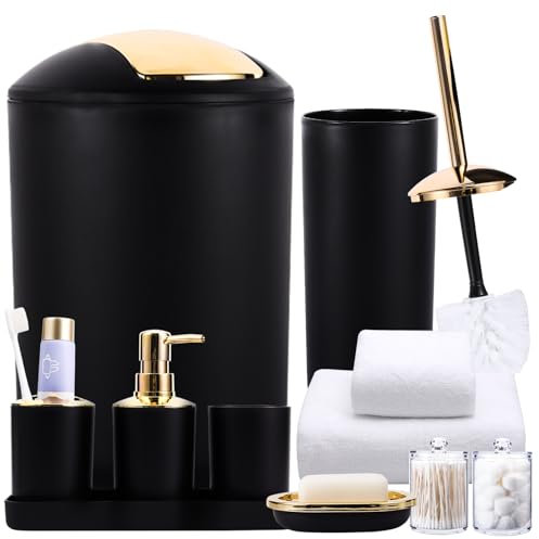 Badezimmer-Zubehör-Set, Schwarz und Gold, 11-teilig, Handtuch-Mülleimer, Seifenspender und Schale, WC-Bürste, Zahnbürstenhalter, Becher, Tablett, Wattestäbchen-Behälter, Arbeitsplatten-Organizer