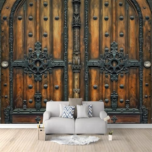 Tapete 350 x 256 cm für Wohnzimmer Flur Schlafzimmer, Vliestapete Tapete Gotische Doppeltüren Aus Holz Und Eisen 3D Mustertapete Fototapete Braun Wandtapete TV-Hintergrunddekoration