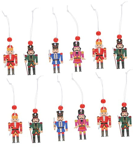 Amosfun Nutcracker Wooden Hanging Pendant 12pcs Colorful Cartoon Soldier Decorations Christmas Tree Ornament Party Decor Outdoor Indoor
