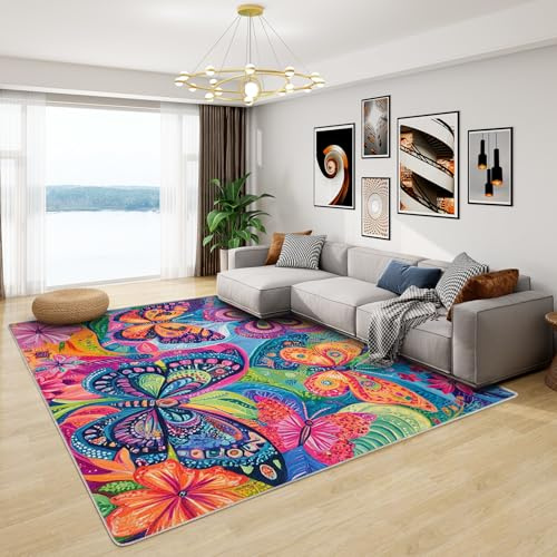 Schmetterling Teppich Mädchen - Teppich Wohnzimmer Schlafzimmer Bunter Schmetterling, Großer Teppich Trippy, Weich Kurzflor & Waschbar & rutschfest Wohnzimmerteppich, Kinderteppich, 120x170 cm