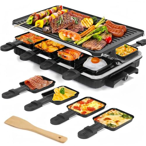 LeuKoles Griglia per Raclette, Raclette 8 Persone, 1300W Griglia Elettrica Antiaderente Reversibile con 8 Padelline per Formaggio Raclette in Miniatura e 1 Spatola di Legno, per Barbecue al Chiuso