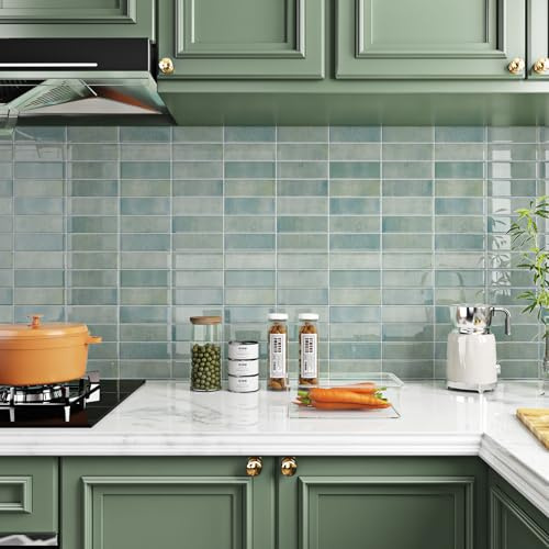 Livelynine Piastrelle Adesive Bagno Verdi Paraschizzi Cucina Adesivo 3D Mattonelle Adesive Cucina Lavabili Adesivi per Piastrelle Bagno Verdi Salvia 30x30CM 16 Pezzi Rivestimento Parete Interno Camino