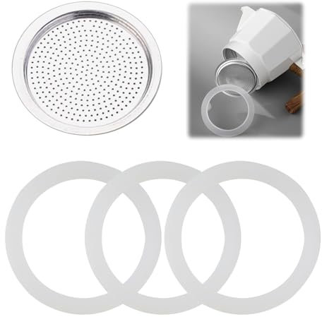 Gasket for 3 Cup Espresso Maker Includes 1 Filter and 3 Silicone Gasket Seals Parts Moka Pot Gasket Aluminium Coffee Pot Filter Replacement Spare Food Grade Silicone Ring for Stovetop Coffee Maker