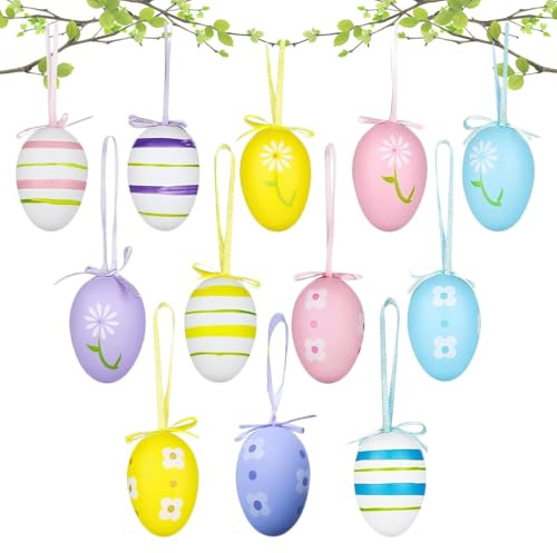 Ostereier zum Aufhängen,12x Kunststoff Ostereier Plastik in Schönen Pastellfarben,Deko Osterei mit Schnur Ostern Deko für Draußen& Frühlingsdeko,Hängedeko Kunststoff-Eier für Outdoor und Indoor - 6 cm