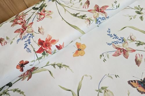 Halbpanama Stoff Meterware Sommer - robuster Taschenstoff bedruckt - schwerer Baumwollstoff Blumen - stabiler Dekostoff Pflanzen - BW Panama *Ab 50cm, Farbe: 014 Schmetterling