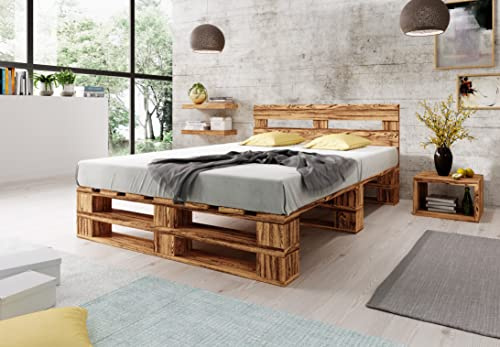 Lermowood Palettenbett M2 aus Holz 200 x 200 cm Geflammt mit Kopfteil Holzbett 40cm Stabiles Seniorenbett Kinderbett Jugendbett Gästebett erhöhtes Einzelbett Bettgestell Futon Komforthöhe Naturholz
