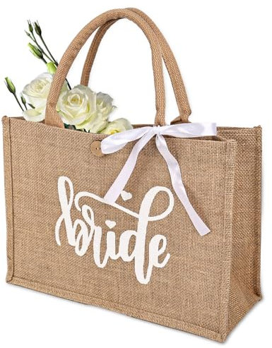 MJFENDAI Bride Jute Tragetasche, Frauen Jute Tote Bag mit Schriftzug Bride und Weiß Schleifenband, Jutebeutel Bedruckt für Hochzeiten, Partys, Jga Hochzeit Brautparty Verlobung Flitterwochen