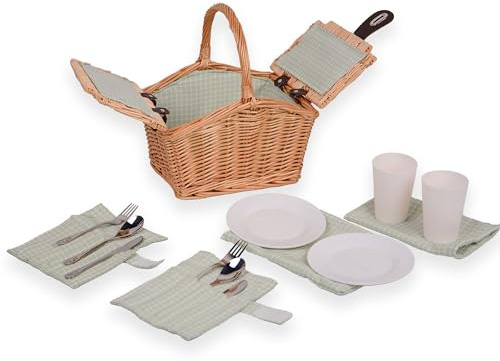 UNUS® Picknickkorb für Kinder aus Weide grün, Komplettset für 2 Personen | rechteckig, mit Stoffauskleidung, mit Besteck, Tellern und Bechern, tragbarer Weidenkorb für Picknick und Ausflüge