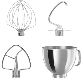 Stainless Steel Accessory Set - Mixing Bowl with Dough Hook, Whisk & Flat Stirrer for KitchenAid Food Processors - Dishwasher Safe