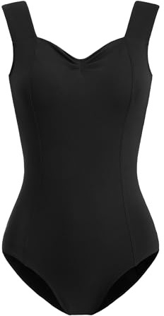 HROYL Women's Wide Strap Ballet Leotards - Tank Leotard with Princess neckline Dance Bodysuit Top for Ballet Gymnastics Performance, Black-S