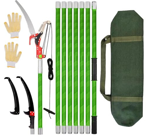 8M Svettatoio telescopico Lunghezza regolabile, 2-in-1 taglia ramis telescopico manuale con borsa di tela e guanti,Set di attrezzi forestali (Verde/Giallo)