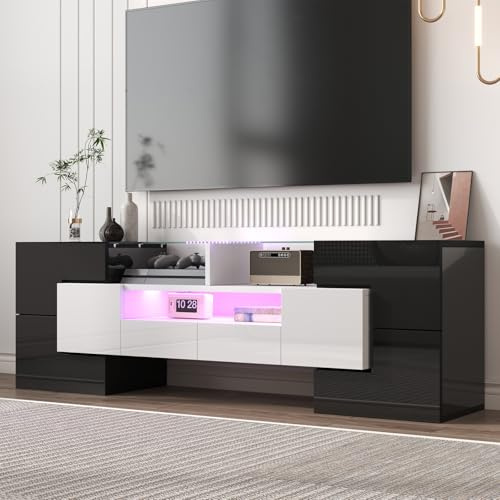 OLIVIBED Mueble de TV de 145 cm con cajones, Alto Brillo, Mueble de TV con iluminación LED y Tablero de Cristal para Sala de Estar y Comedor, Color Negro + Blanco