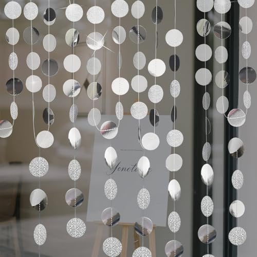 XFSRG Miroir Glitter Papier Dot Guirlande 2pcs Suspendu Rond Streamer Glitter Papier Dot Guirlande pour Mariage Anniversaire Fête de Naissance Bébé (Argent)