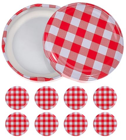 UKCOCO 63 Mm Deckel für Marmeladengläser: 10 Stück Ersatzdeckel für Einmachgläser, Normale Metallöffnung, mit Klassischem Rot-weißem Karomuster für Die Aufbewahrung in Der Küche