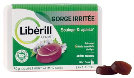 LIBÉRILL Gommes Gorge Irritée - Soulage & Apaise - Arôme Menthe - Boîte 50g | Racine de guimauve + Huile Essentielle de Thym - Gomme d'Acacia 100% Naturelle - Adulte & Adolescent Dès 12 Ans