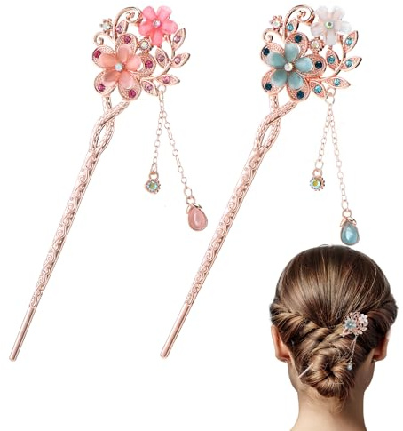 DOPENSPI 2 Pcs Chinese Hair Sticks, Rhinestone Flower Stick Retro Tassel Hair Pin Chinese Hair Chopsticks Vintage Hairpin Set for Women Wedding Accessories