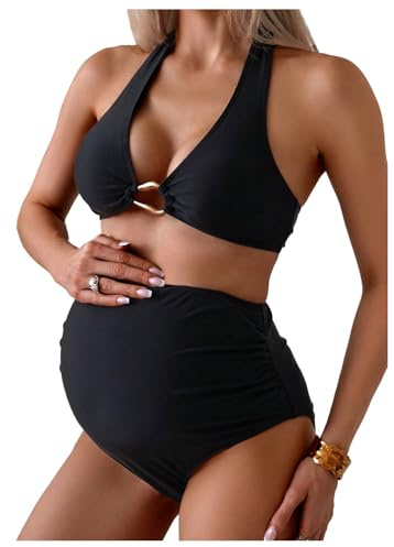 OYOANGLE Women's Maternity Bikini Sets Ring Linked Halter Swimsuits High Waisted Pregnancy Bathing Suits Black Large