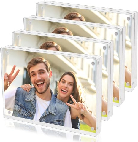 4PCS Frameless Picture Frames, Acrylic Photo Frame 6x4 Clear Magnetic Photo Block Frame Double Sided Picture Display 4x6 for Family Best Friend
