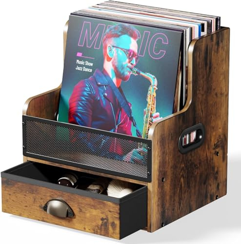 JunVpic Vinyl Record Storage Crate with Drawer – Wooden & Metal LP Record Holder Box for Home, Desktop & Music Room, Holds 100+ Vinyl Albums, Books, and Files