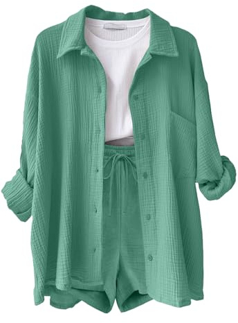 Yutdeng Completo Donna 2 Pezzi Camicia a Maniche Lunghe e Pantaloncini con Coulisse e Tasche Elegante Completo Estivo Tuta da Casa Casual Completo Sportivo in Lino Tuta da Ginnastica,Verde Chiaro,M
