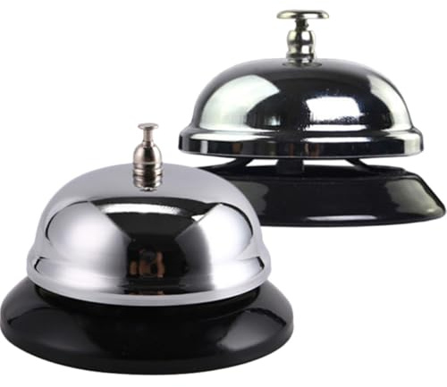 GLEAVI Lot de 2 Clochettes à Main en Métal Petite Taille, Sonnette de Table pour Restaurant et Hôtel, Cloche D'appel Multifonction pour Service Client, la Cuisine et Bureau, Usage