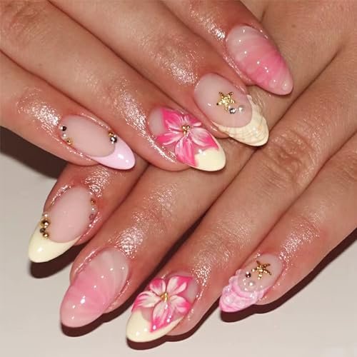 Dermalyx Rosa Press On Ongles, Forme Amande Courte, Jaune Beurre Laiteux Avec Pointe Française, Ongles Roses À Coller, Faux Ongles À Fleurs, Ongles Artificiels