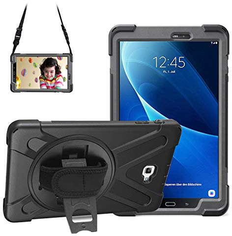 Gerutek Hülle für Samsung Galaxy Tab A6 10.1 2016 (SM-T580/T585), Schwarz | Stoßfeste Hülle mit 360° Drehbar Stände/Handschlaufe, Schultergurt Stifthalter, Rundumschutz Case für Arbeit/Outdoor/Drinnen