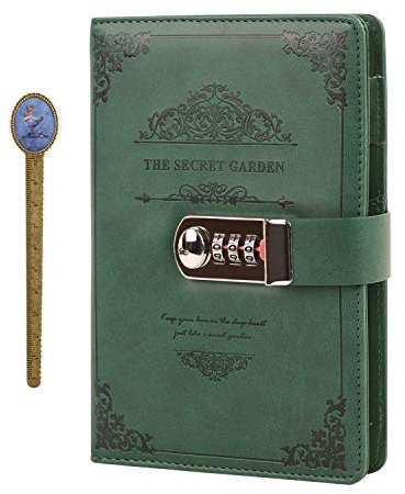 Vintage Embossed Leather PU Journal Diary Notebook with Password Lock Daries Soft Pack Memo Book with Buckle Closure and Pen Holder, Green