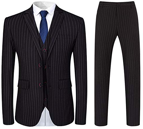 YOUTHUP Abito Uomo Striscia Verticale 3 Pezzi da Completo Slim Fit Formali d'Affari Blazer Gilet Pantaloni Nero, XL