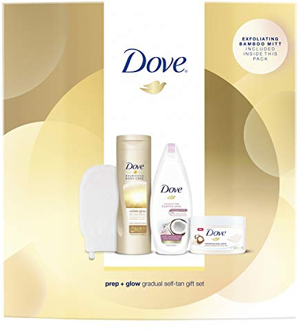 Dove Prep and Glow Gradual Self Tan Collection with Body Mitt Gift Set for women 3 piece