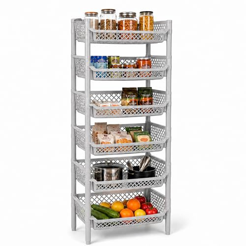 ARTECSIS® Korbregal aus Kunststoff mit 6 Regal-Etagen stapelbar & modular erweiterbares Stecksystem grau (schmal) - Kellerregal & Vorratsregal für Lagerung - Abstellraum Steckregal & Lagerregal