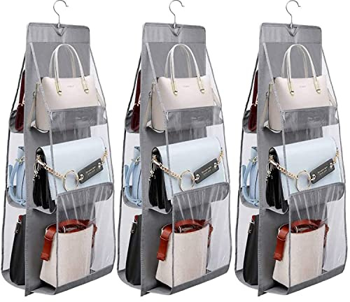Saijer Borsa Organizzatore Armadio,3 Pezzi con 6 Tasche Grigio Non Tessuto Il Salvaspazio Pensile Porta Borse da Appendere Pieghevole per Camera da Letto