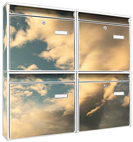 banjado Briefkastenanlage 4 Fach - Postkästen groß - verzinkter Stahl weiß DIN A4 Motiv Wolken 6 - Briefkasten Set 4 Briefkästen Namensschild, 2 Schlüssel, Montagematerial