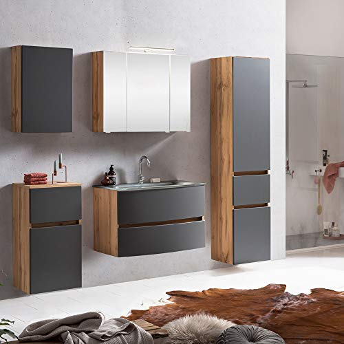 Lomadox Badmöbel Komplett Set mit Glasbecken grau in Wotaneiche Nb. mit matt grau, inkl. Beleuchtung, BxHxT: ca. 200x200x49 cm