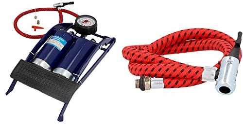 Cartrend 10942 Fußluftpumpe, Doppelzylinder-Design, Luftpumpe mit Druckmesser, Wechseladaptern, bis 7 bar Luftdruck, mit TÜV/GS & 10974 Ersatzschlauch für Fußluftpumpe, Multi-Colored, 0