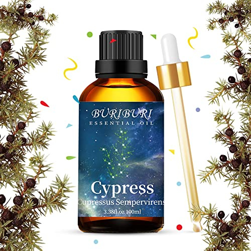 BURIBURI 100ML Cypress Essential Oil, 100% Pure Undiluted Aromatherapy Cypress Oil 3.38fl.oz for Soap, Candle Making, Massage, Diffuser, Humidifier