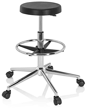 hjh OFFICE 830101 Arbeitshocker hoch TOP Work 14 I PU-Hartschaum Schwarz Drehhocker mit Rollen & Gleiter, höhenverstellbar