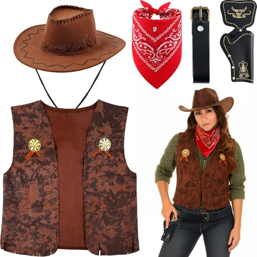 BBTO 4 Stück Western Kostüm Damen Set Cowboy Outfit für Frauen Cowboyhut Bandana Weste und Pistolenhalfter mit Gürtel Accessoires für Fasching Karneval Halloween Mottoparty Cosplay