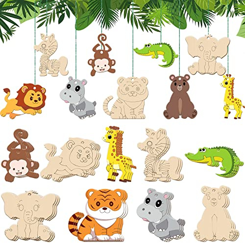 Taiyin Wooden Animals Decor Unfinished Wood Cutouts to Paint Wood Animal Cutouts Crafts Animals Themed Party Supplies for Birthday(Jungle Animal)