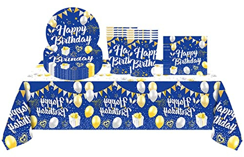 Lot de 31 décorations de fête d'anniversaire jetables pour hommes, femmes, garçons, filles, nappes en plastique, assiettes en papier, tasses pour lui, fournitures de fête d'anniversaire Bleu