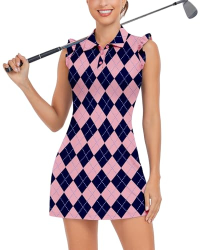 WOWENY Womens Tennis Dress Polo Buttons Golf Dresses with Built in Shorts and Pockets Ruffle Sleeveless Athletic Workout Dress (Pink&Blue Argyle, S)